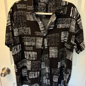Black and White Casual Button Down Shirt with Geometric Pattern